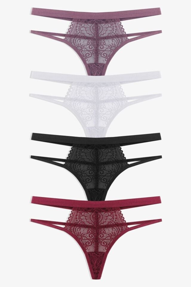 Kadın 4'lü Dantelli Arka İp Detaylı Fantezi Tanga