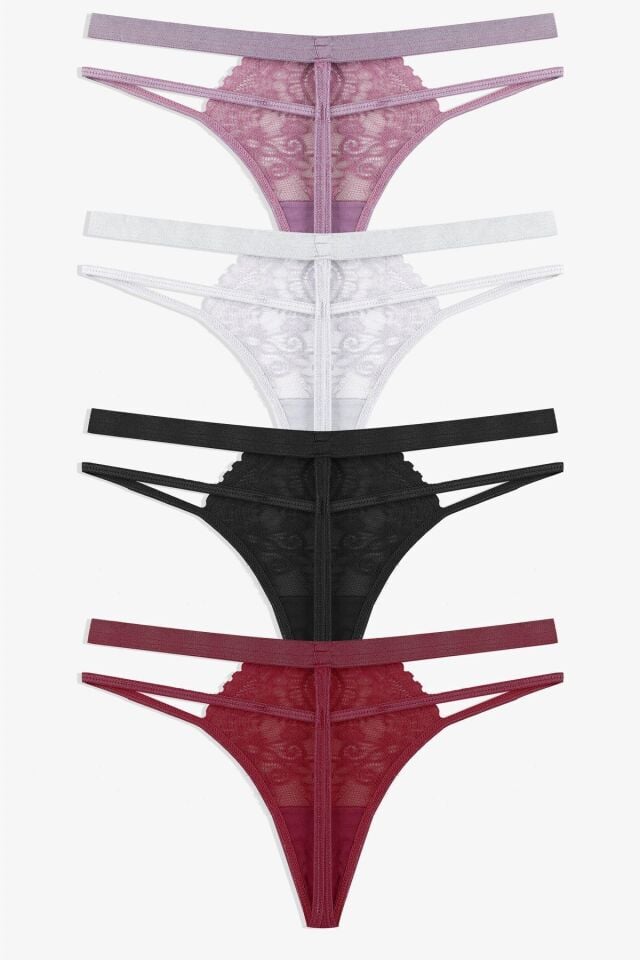 Kadın 4'lü Dantelli Arka İp Detaylı Fantezi Tanga