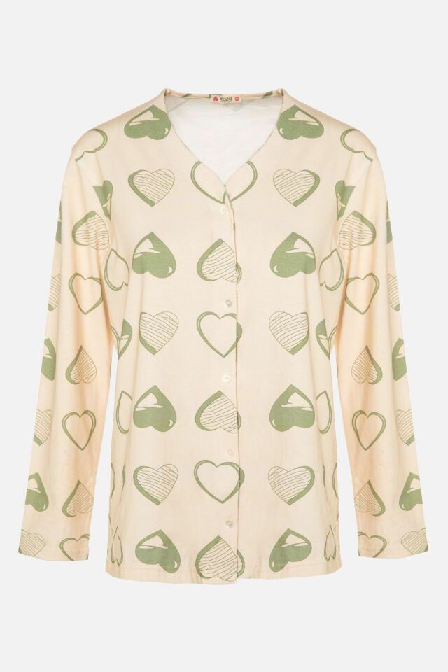 Kadın Kalp Desenli V Yaka Düğmeli Pijama Takımı