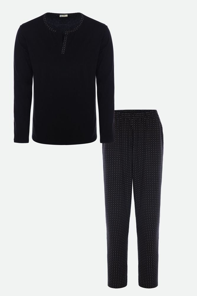 Erkek Pamuklu, Likralı, Yaka Düğmeli Ve Cep Detaylı Pijama Takımı