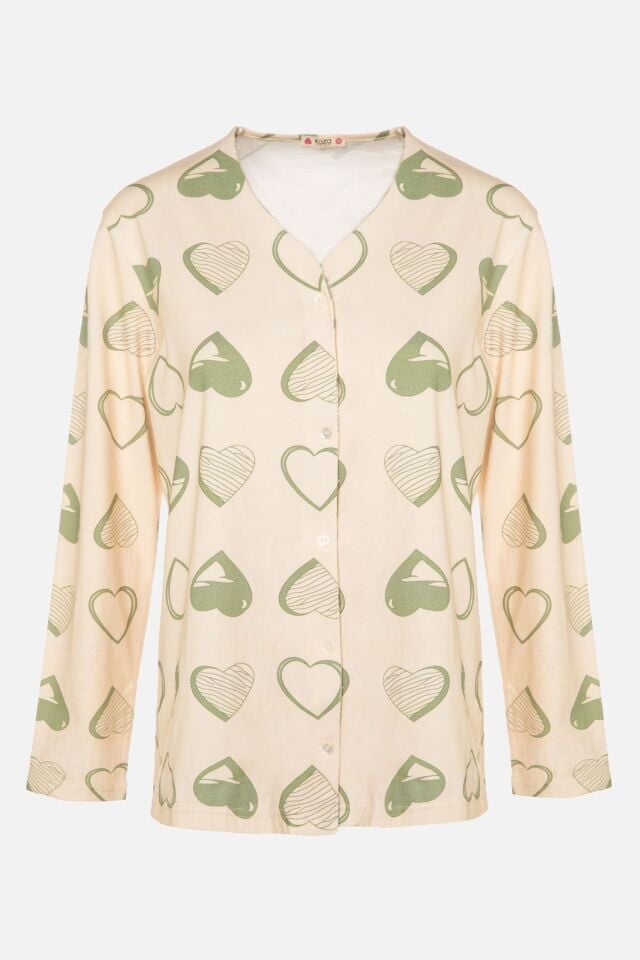 Kadın Kalp Desenli V Yaka Düğmeli Pijama Takımı Ekru-Yeşil - 2XL