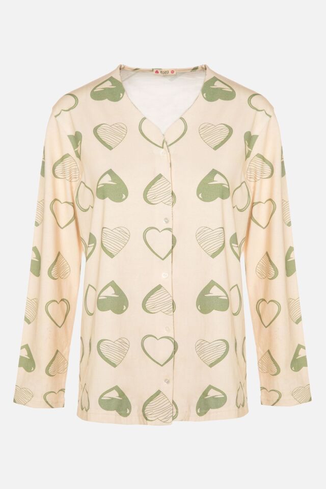 Kadın Kalp Desenli V Yaka Düğmeli Pijama Takımı Ekru-Yeşil - 2XL