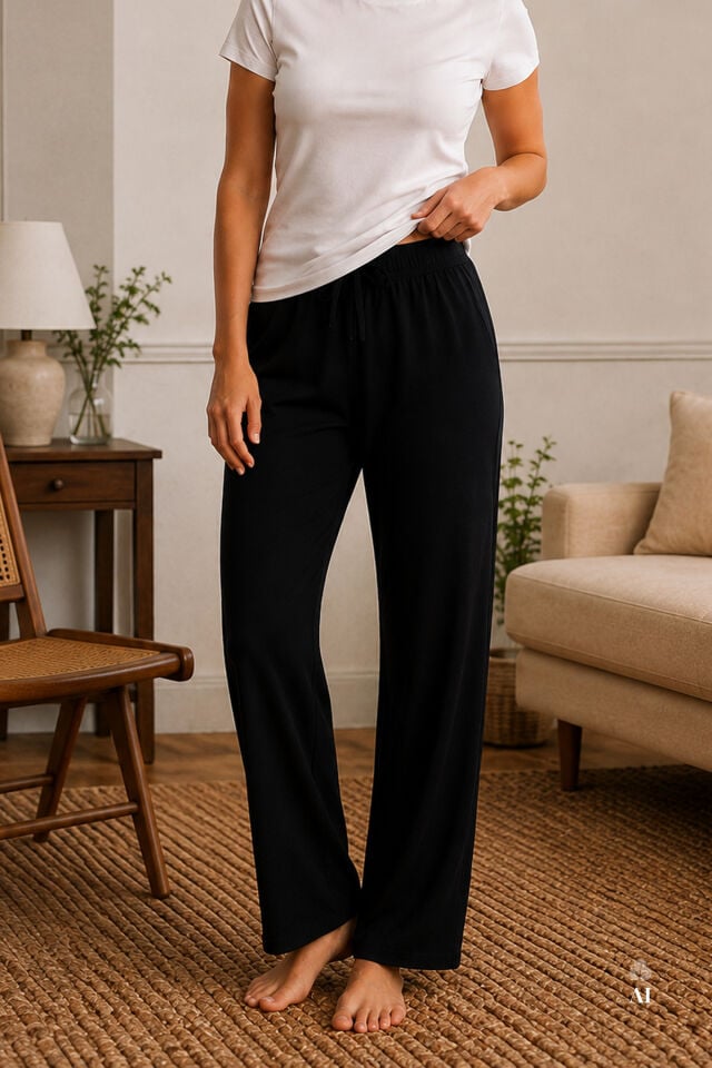 Kadın 2'li Pamuklu Uzun Pijama Altı Siyah - Beyaz - 2XL