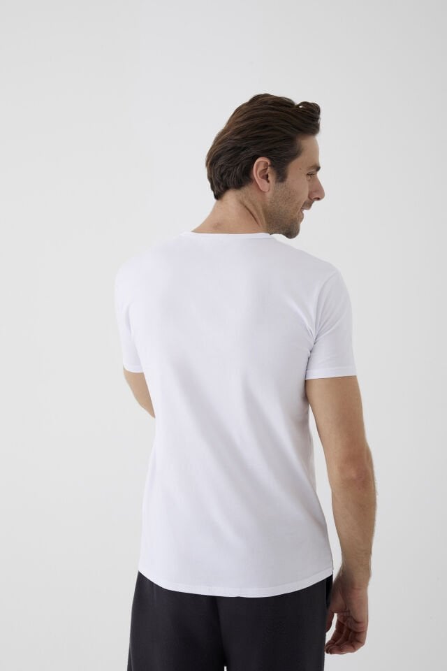 Erkek Pamuklu V Yaka Kısa Kollu Tişört Beyaz - XL