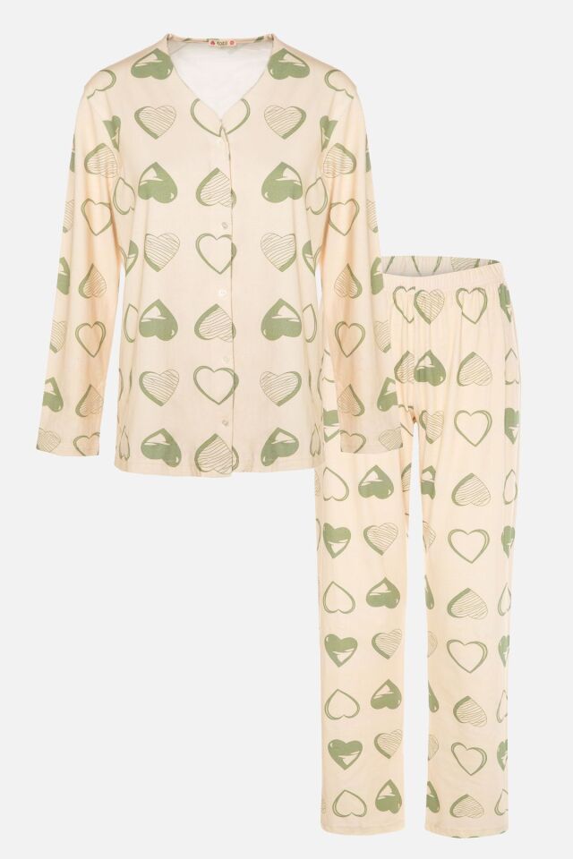 Kadın Kalp Desenli V Yaka Düğmeli Pijama Takımı Ekru-Yeşil - XL