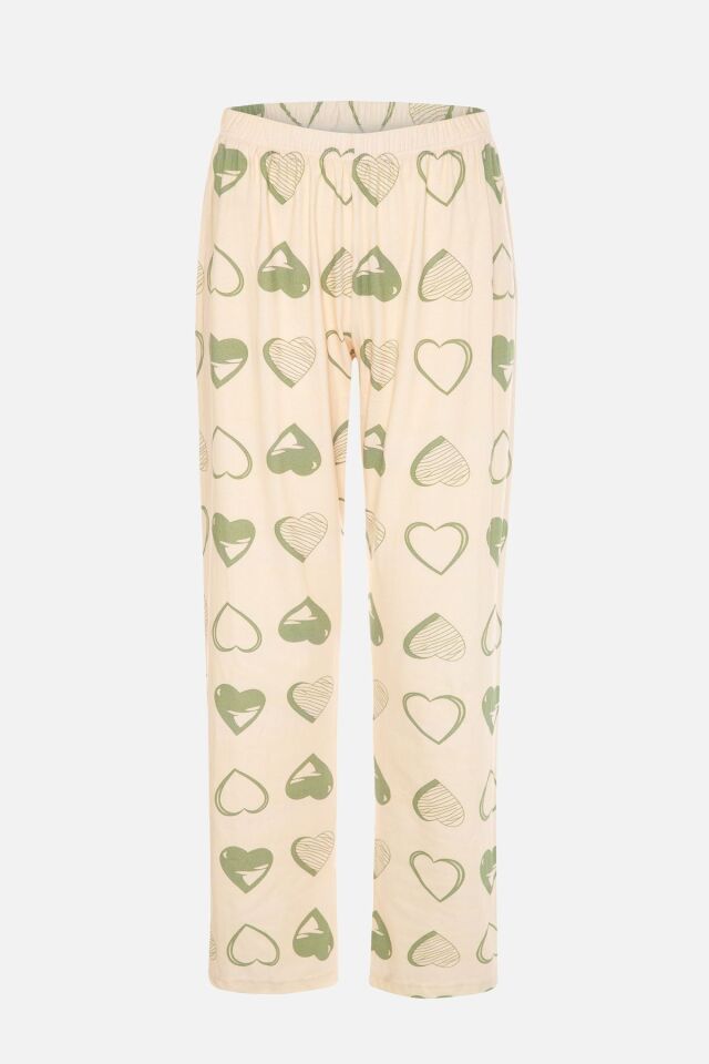 Kadın Kalp Desenli V Yaka Düğmeli Pijama Takımı Ekru-Yeşil - XL