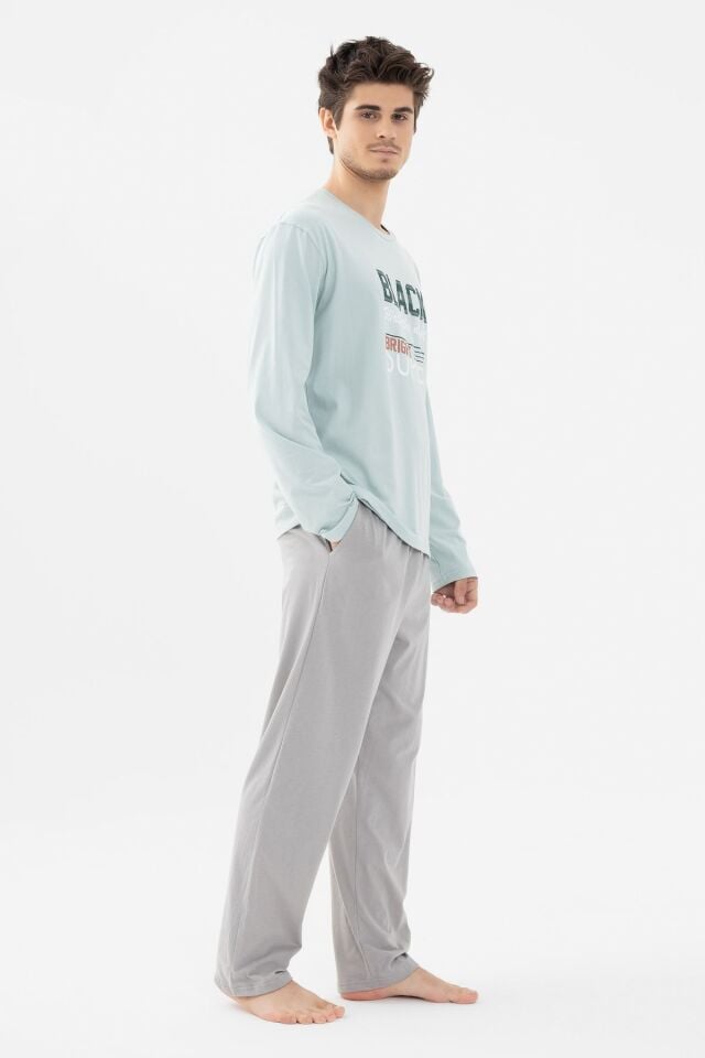 Erkek Pamuklu Basic Uzun Kollu Baskılı ve Cep Detaylı Pijama Takımı Mint - Gri - M