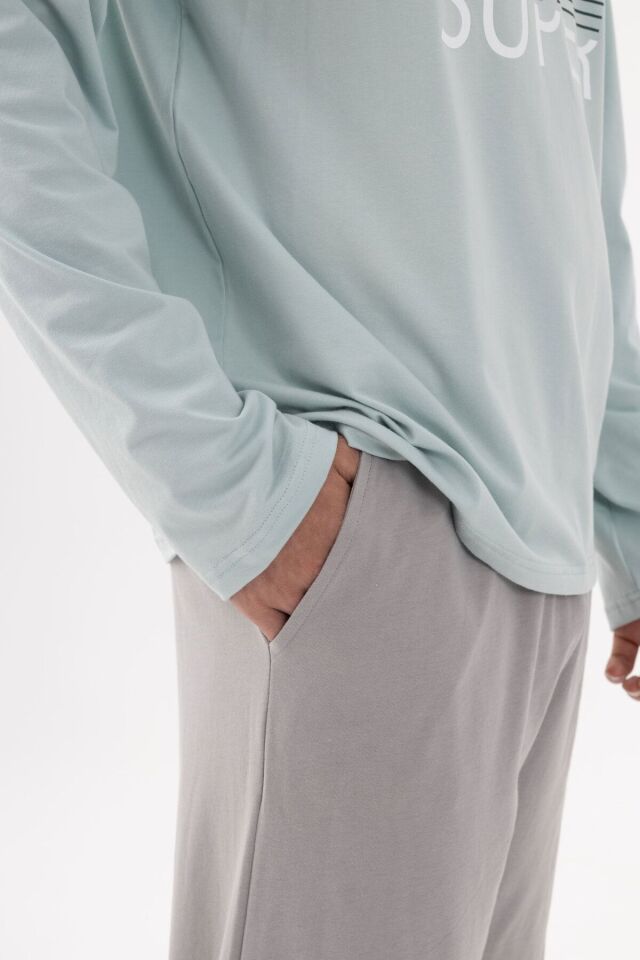 Erkek Pamuklu Basic Uzun Kollu Baskılı ve Cep Detaylı Pijama Takımı Mint - Gri - M