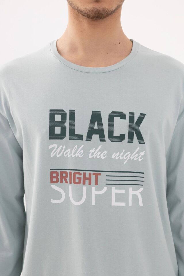 Erkek Pamuklu Basic Uzun Kollu Baskılı ve Cep Detaylı Pijama Takımı Mint - Gri - 2XL