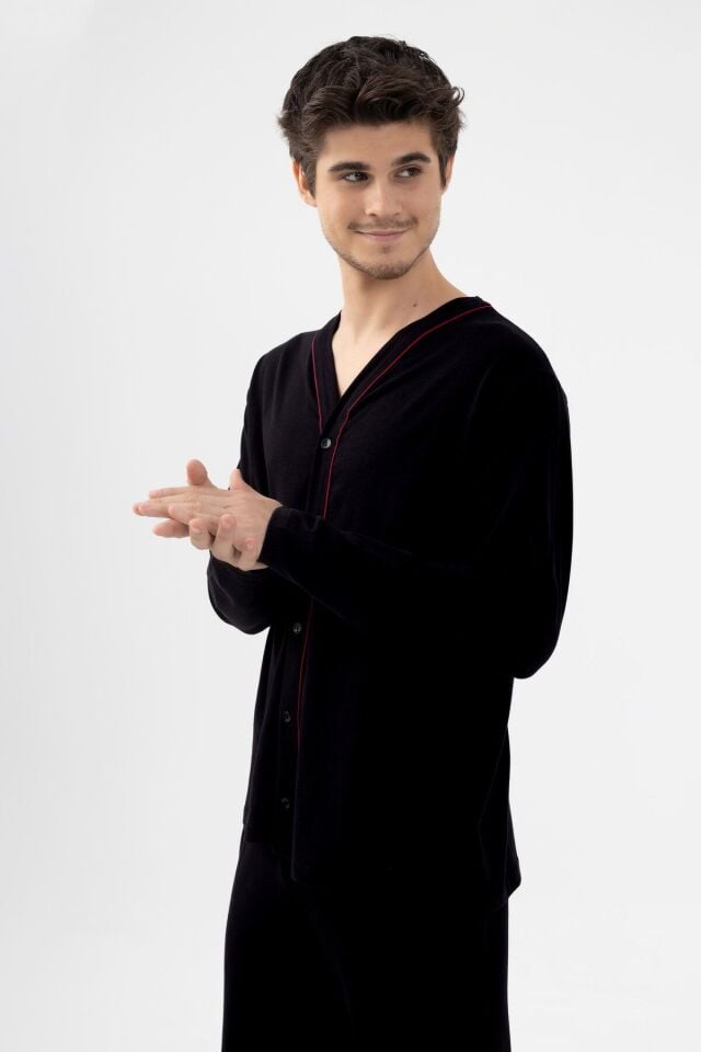 Erkek Pamuklu, Likralı, Düğmeli ve Cep Detaylı Pijama Takımı