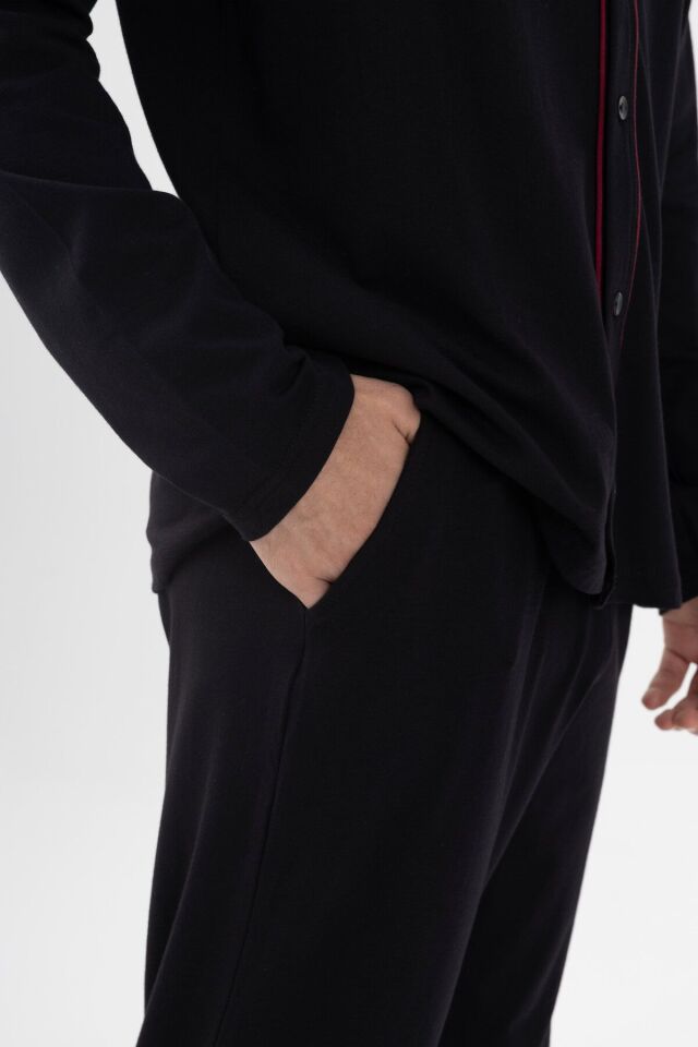 Erkek Pamuklu, Likralı, Düğmeli ve Cep Detaylı Pijama Takımı