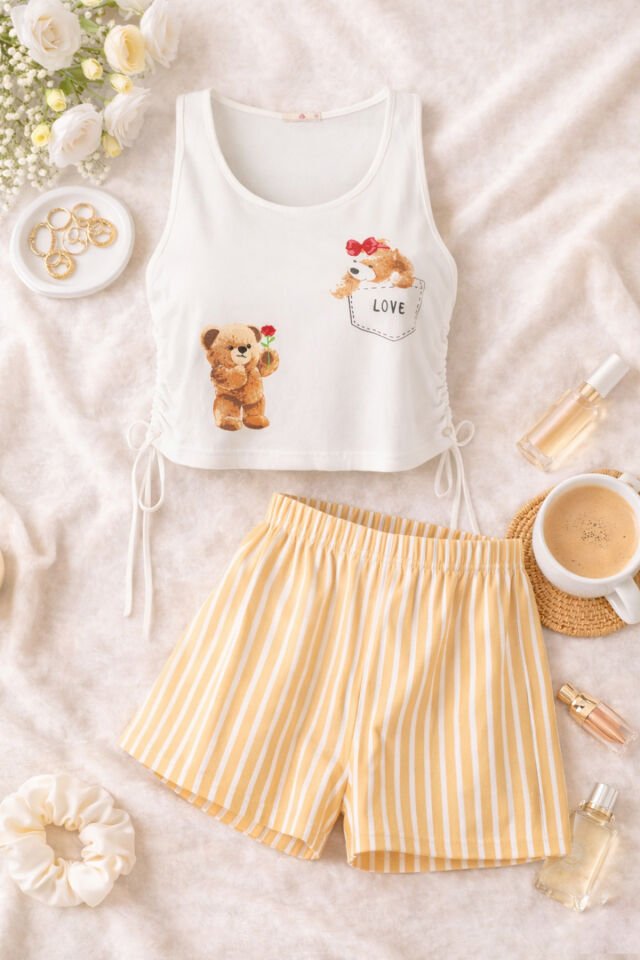 Kadın Pamuklu Yandan Bağlamalı Büzgülü Şortlu Pijama Takımı Sarı - Ekru - XL