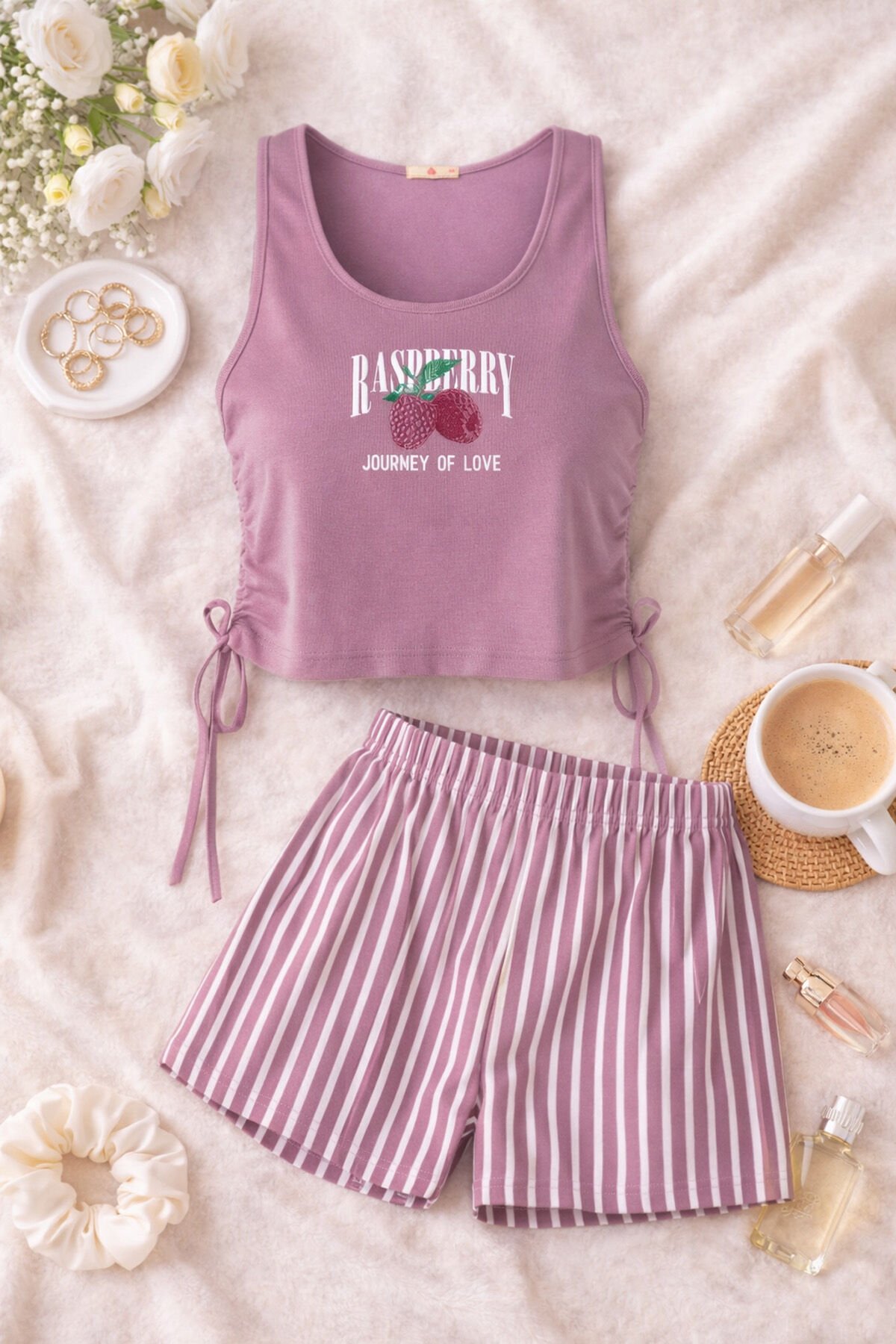 Kadın Pamuklu Yandan Bağlamalı Büzgülü Şortlu Pijama Takımı Mor - Ekru - S