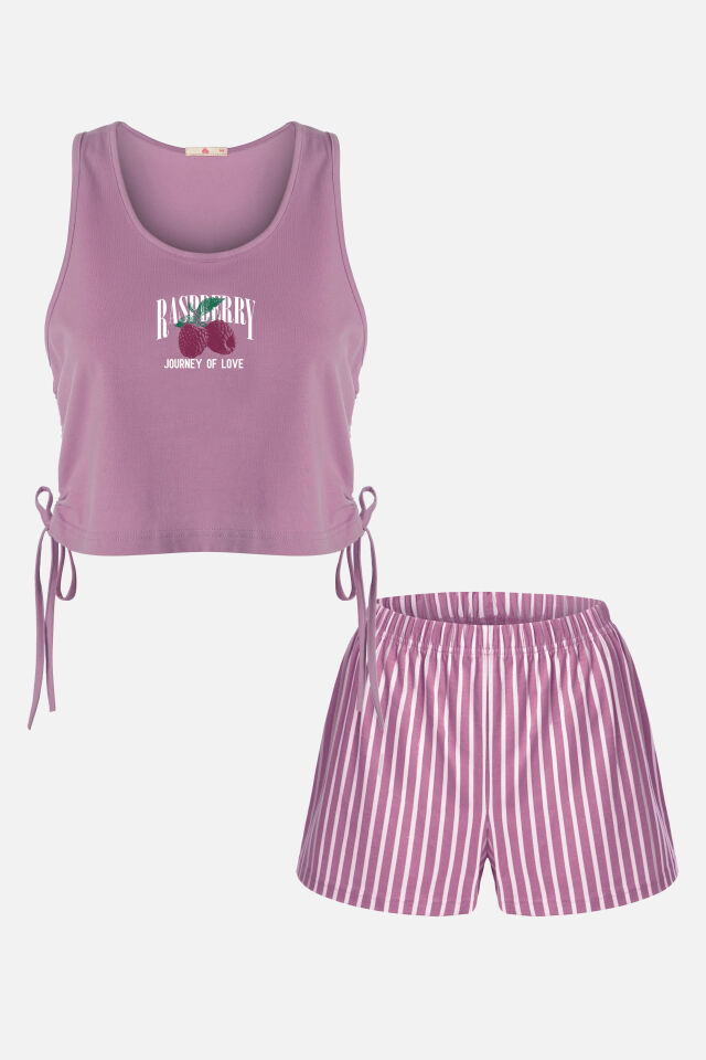 Kadın Pamuklu Yandan Bağlamalı Büzgülü Şortlu Pijama Takımı Mor - Ekru - S
