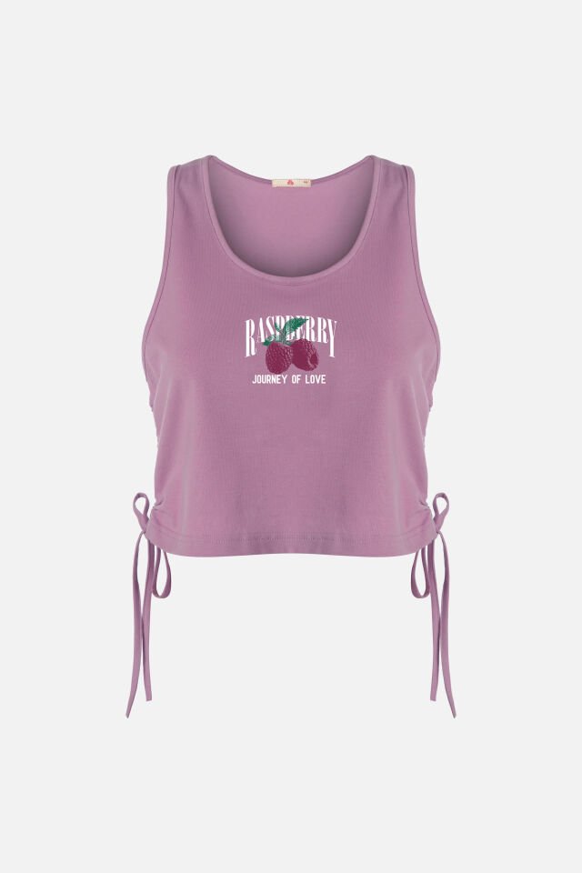 Kadın Pamuklu Yandan Bağlamalı Büzgülü Şortlu Pijama Takımı Mor - Ekru - S