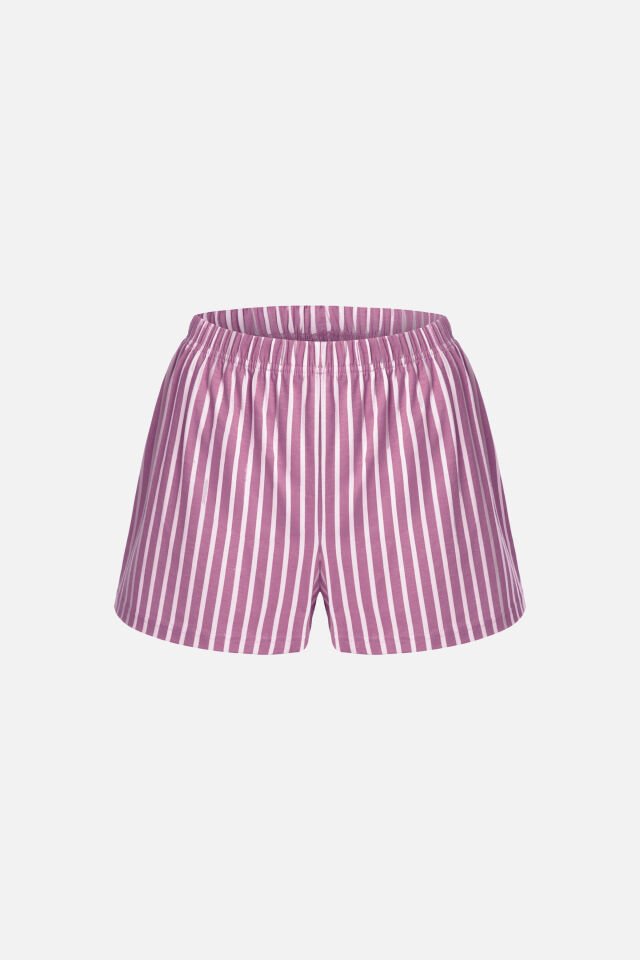 Kadın Pamuklu Yandan Bağlamalı Büzgülü Şortlu Pijama Takımı Mor - Ekru - S