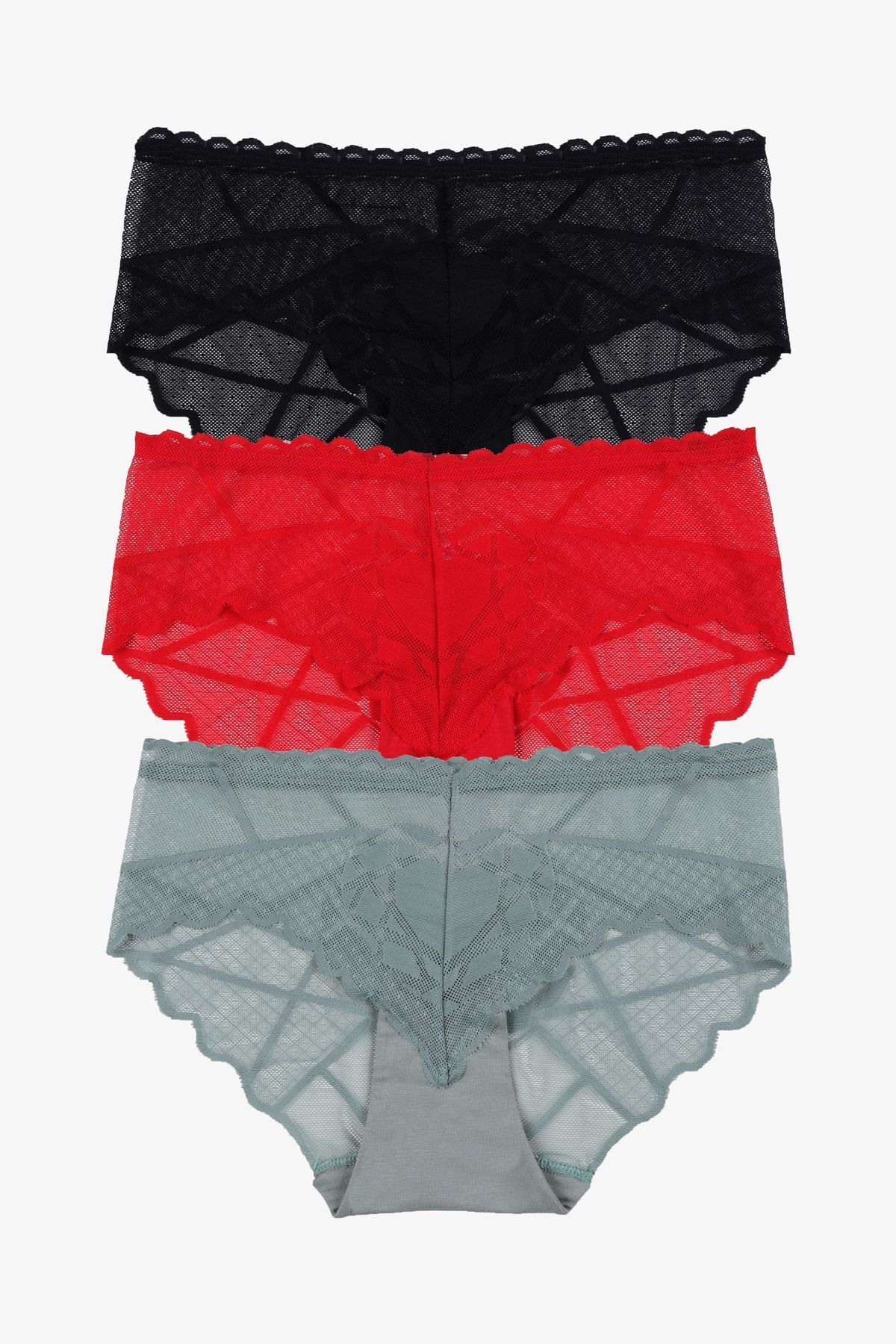 Sevgililer Günü Temalı Kadın 3'lü Kalp Detaylı Dantelli Külot Siyahkırmızıcagla - M