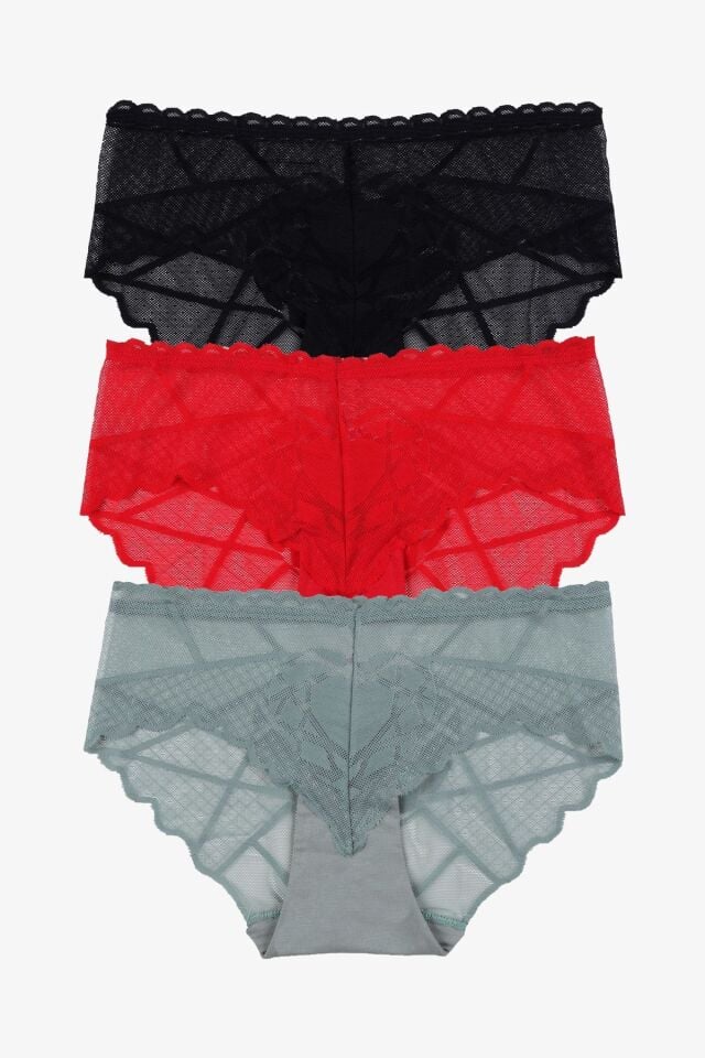 Sevgililer Günü Temalı Kadın 3'lü Kalp Detaylı Dantelli Külot Siyahkırmızıcagla - M