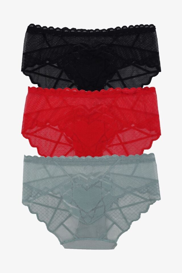 Sevgililer Günü Temalı Kadın 3'lü Kalp Detaylı Dantelli Külot Siyahkırmızıcagla - M