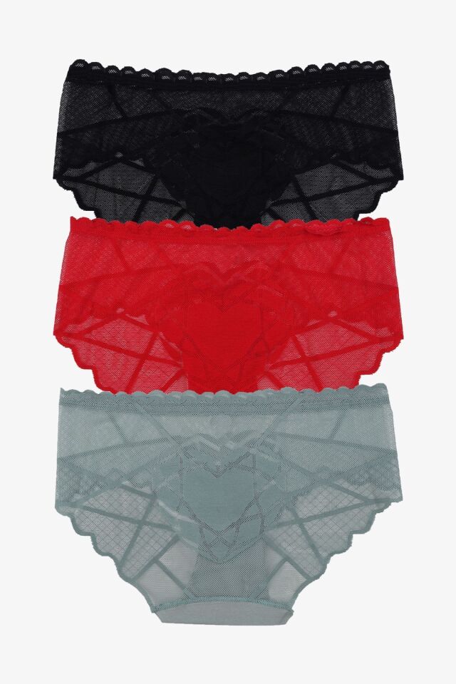 Sevgililer Günü Temalı Kadın 3'lü Kalp Detaylı Dantelli Külot Siyahkırmızıcagla - M