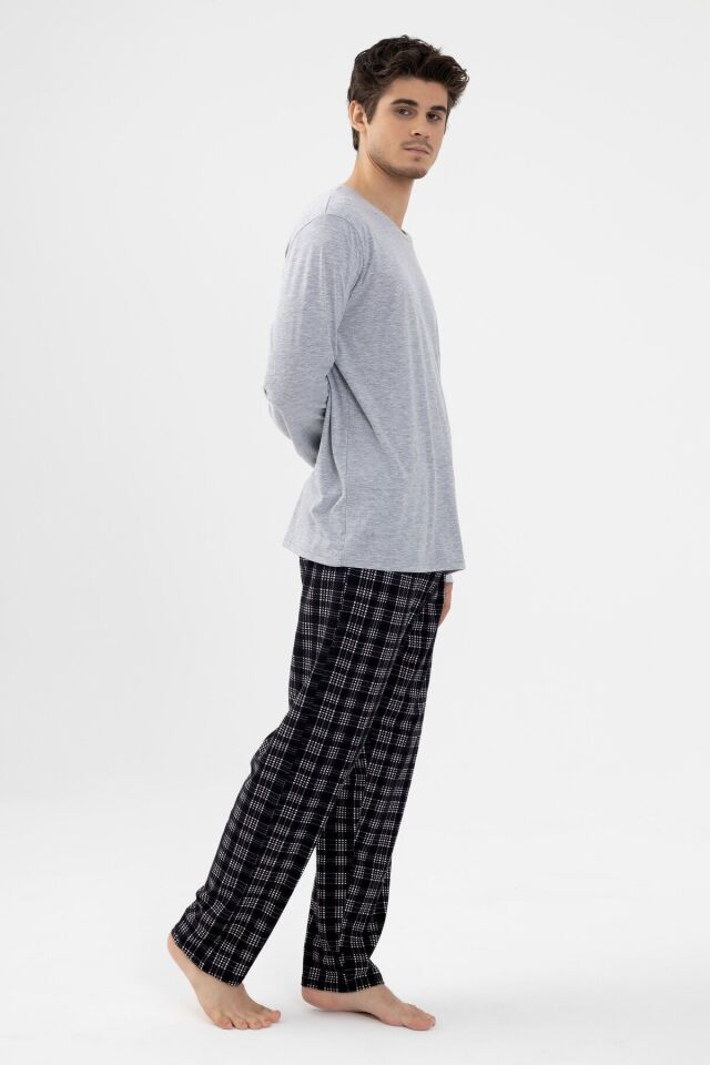 Erkek Likralı Uzun Kollu Gri Melanj Ekose Desenli Cep Detaylı Pijama Takımı Gri Melanj -  Siyah - XL