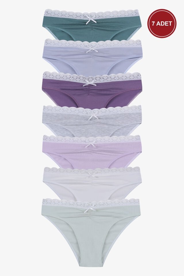 Kadın Ön Bel Dantelli Büzgülü ve Fiyonk Detaylı Lastikli Külot 7'li L - Mor - Gri
