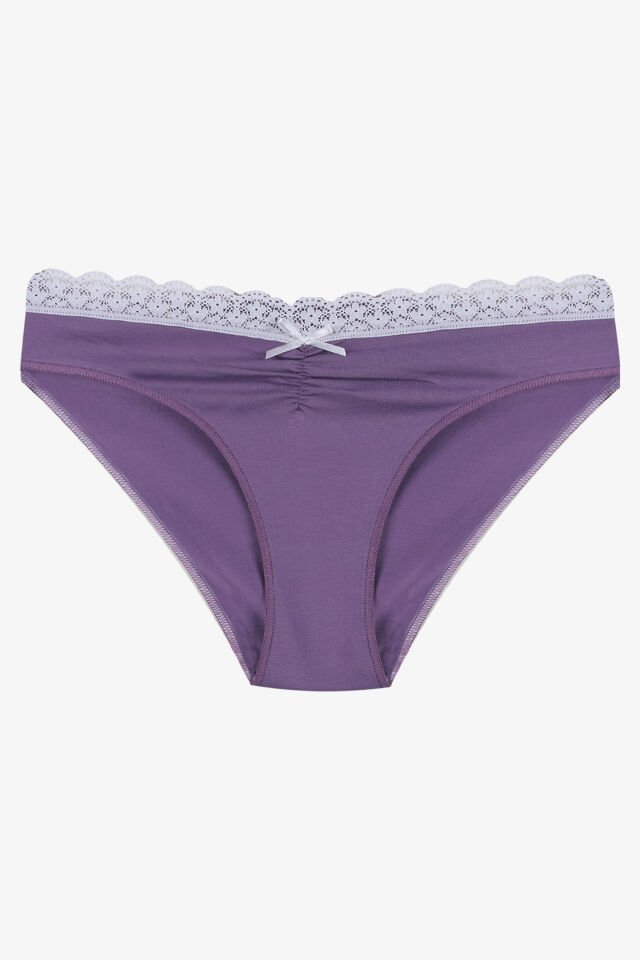 Kadın Ön Bel Dantelli Büzgülü ve Fiyonk Detaylı Lastikli Külot 7'li L - Mor - Gri