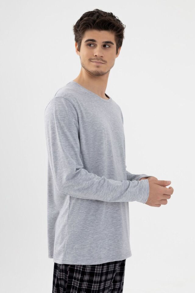 Erkek Likralı Uzun Kollu Gri Melanj Ekose Desenli Cep Detaylı Pijama Takımı Gri Melanj -  Siyah - L