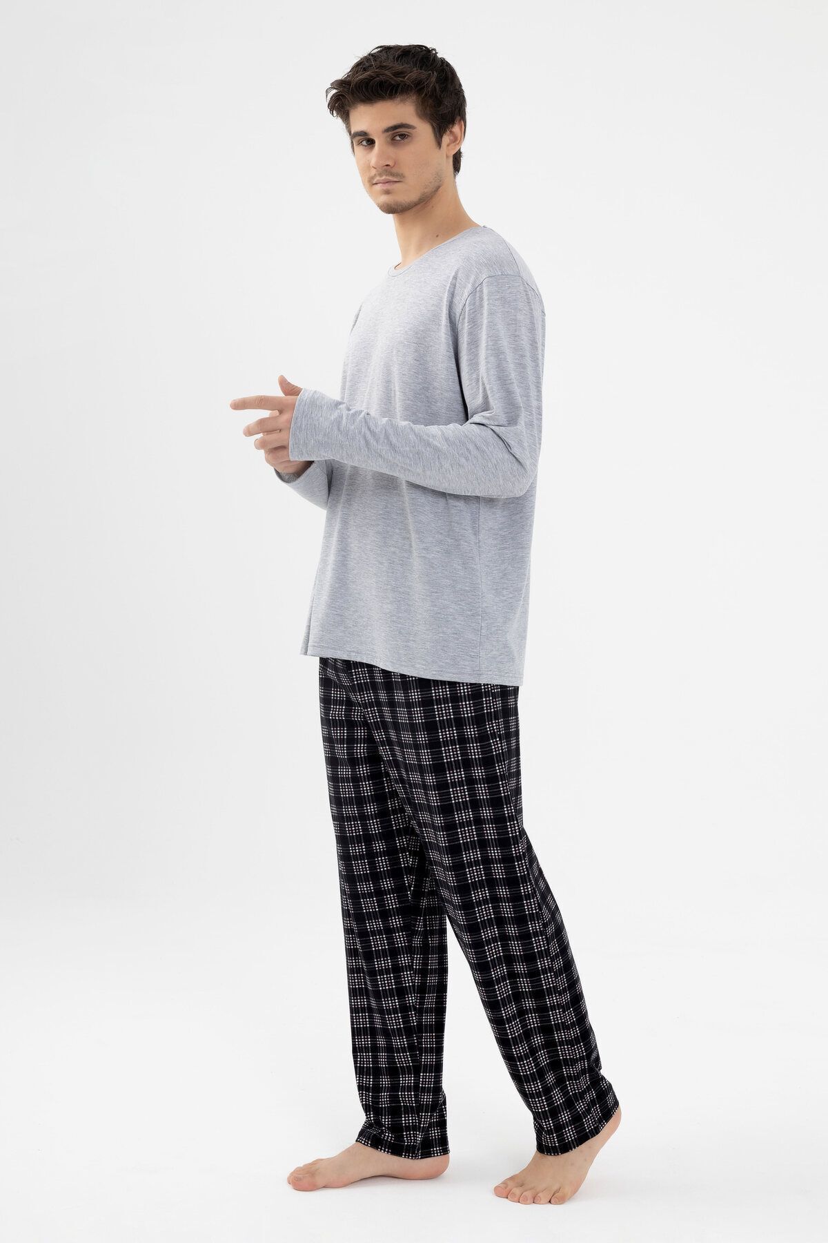 Erkek Likralı Uzun Kollu Gri Melanj Ekose Desenli Cep Detaylı Pijama Takımı Gri Melanj -  Siyah - 2XL