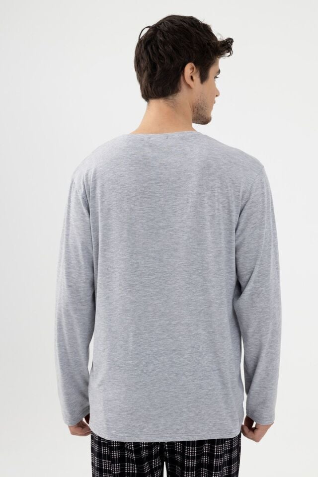 Erkek Likralı Uzun Kollu Gri Melanj Ekose Desenli Cep Detaylı Pijama Takımı Gri Melanj -  Siyah - 2XL