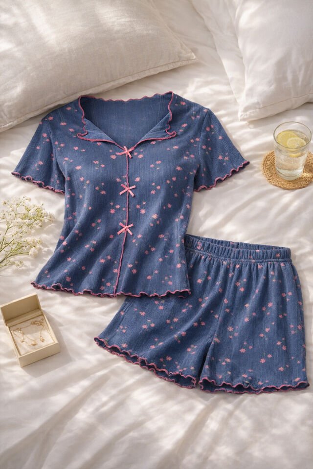 Kadın Çiçek Desenli Fiyonklu Kaşkorse Kısa Kollu Şort Takım S - Mavi - Pembe