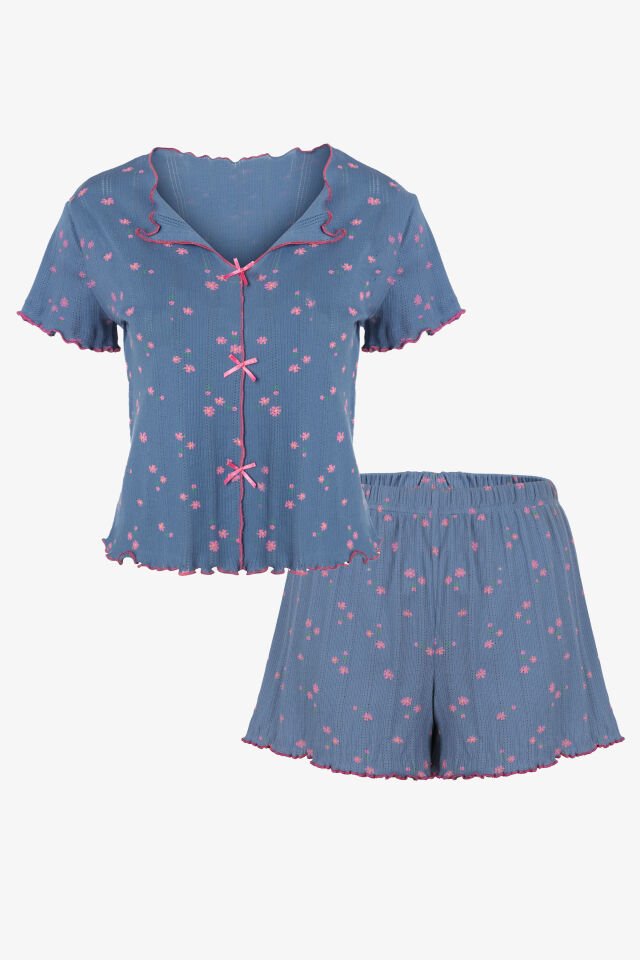 Kadın Çiçek Desenli Fiyonklu Kaşkorse Kısa Kollu Şort Takım S - Mavi - Pembe