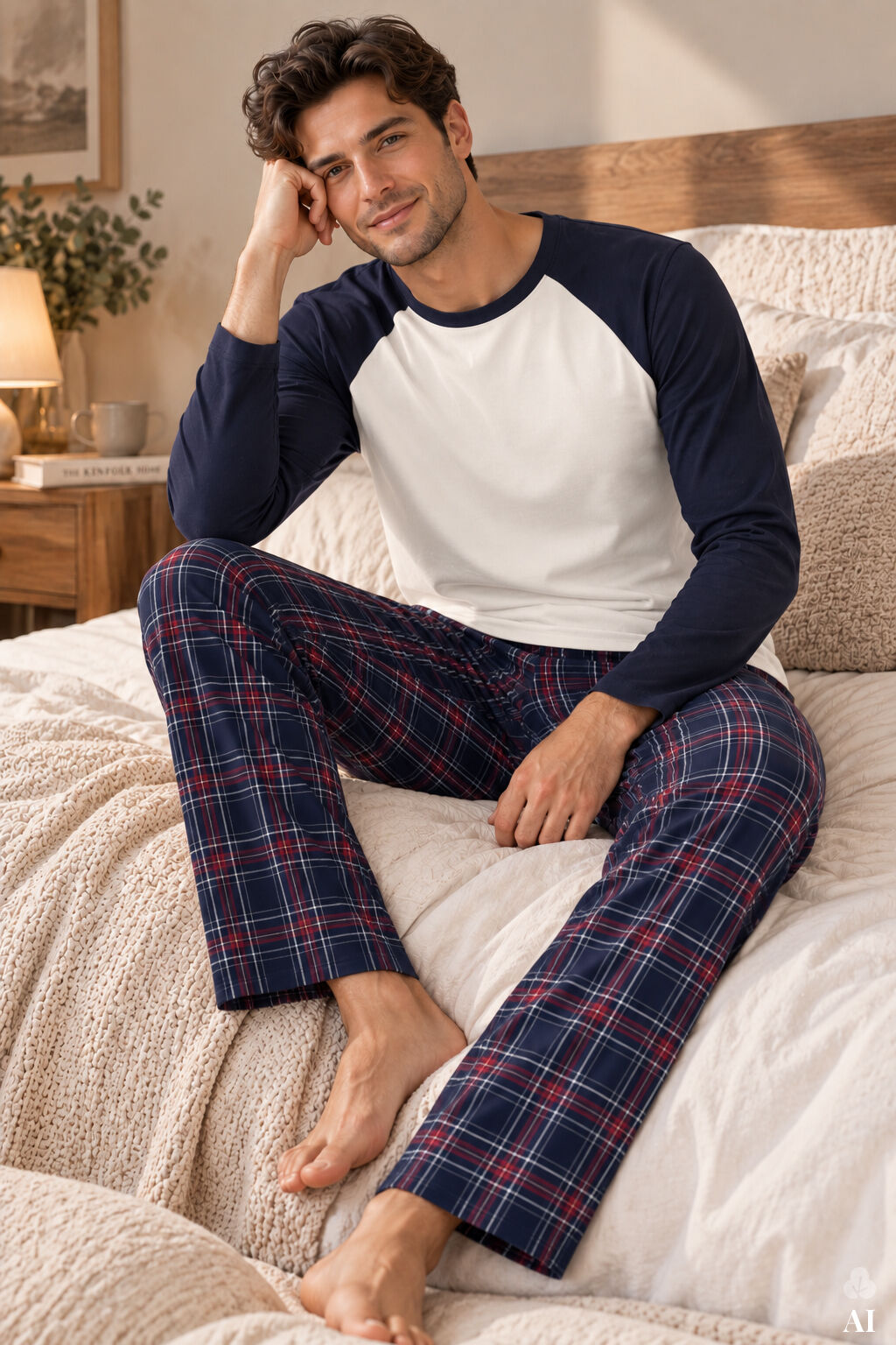 Erkek Pamuklu Uzun Kollu Cepli Pijama Takımı Lacivert - Beyaz - 2XL
