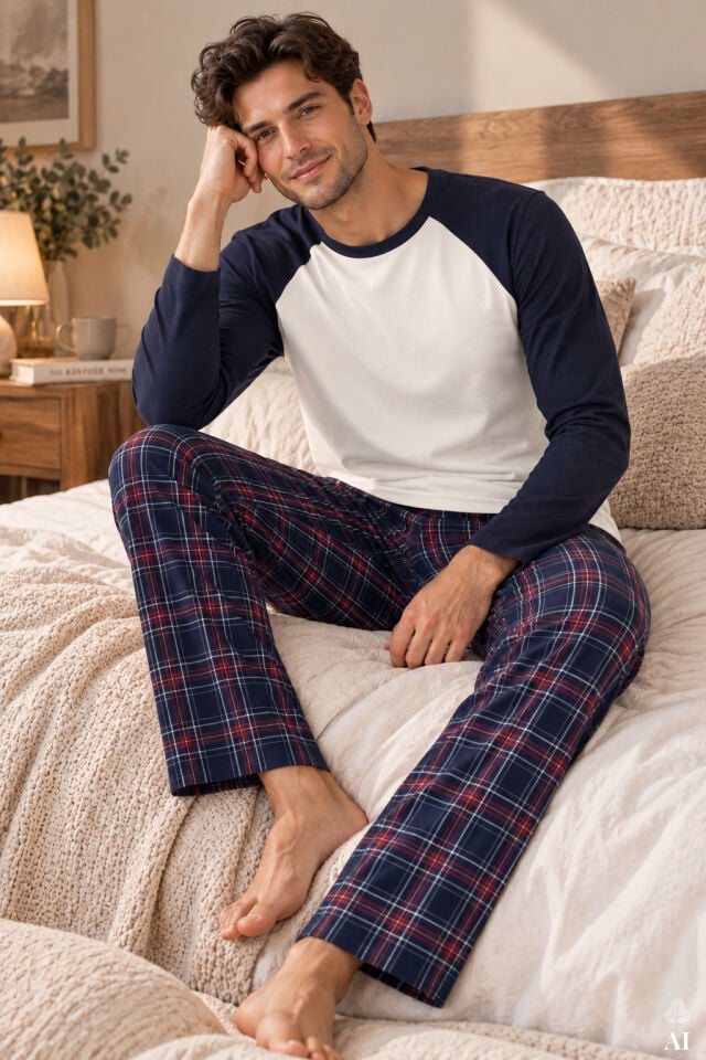 Erkek Pamuklu Uzun Kollu Cepli Pijama Takımı Lacivert - Beyaz - 2XL