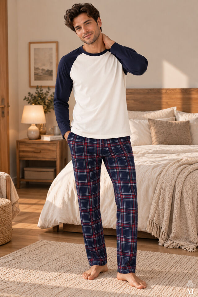 Erkek Pamuklu Uzun Kollu Cepli Pijama Takımı Lacivert - Beyaz - 2XL
