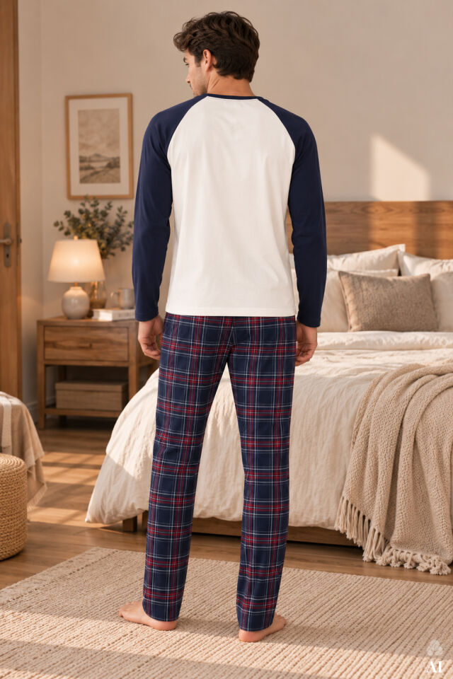 Erkek Pamuklu Uzun Kollu Cepli Pijama Takımı Lacivert - Beyaz - 2XL