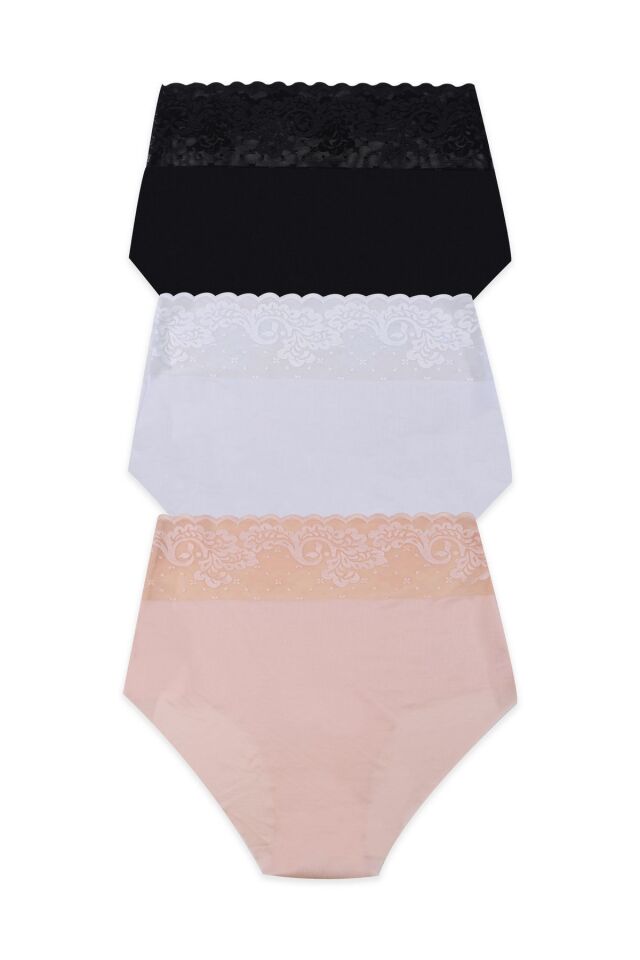 Kadın 3'lü Yüksek Bel Dantel Detaylı Külot Siyah Beyaz Ten - L/XL