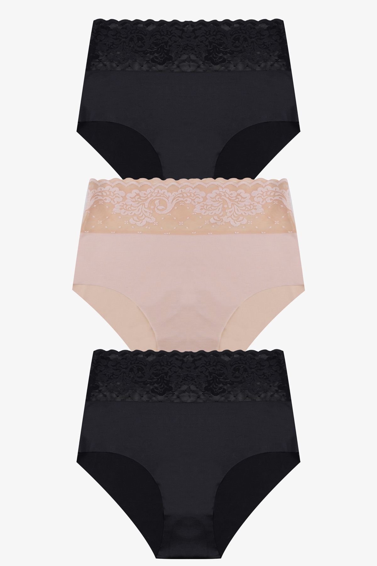 Kadın 3'lü Yüksek Bel Dantel Detaylı Külot Siyah - Ten - L/XL