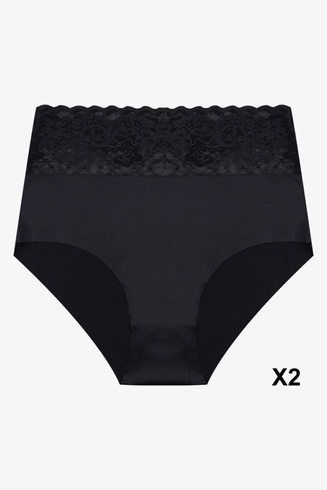 Kadın 3'lü Yüksek Bel Dantel Detaylı Külot Siyah - Ten - L/XL