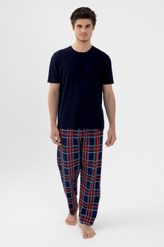 Erkek Kısa Kollu Pamuklu Ekose Desenli Pijama Takımı KO60103 Ekose Desen - L