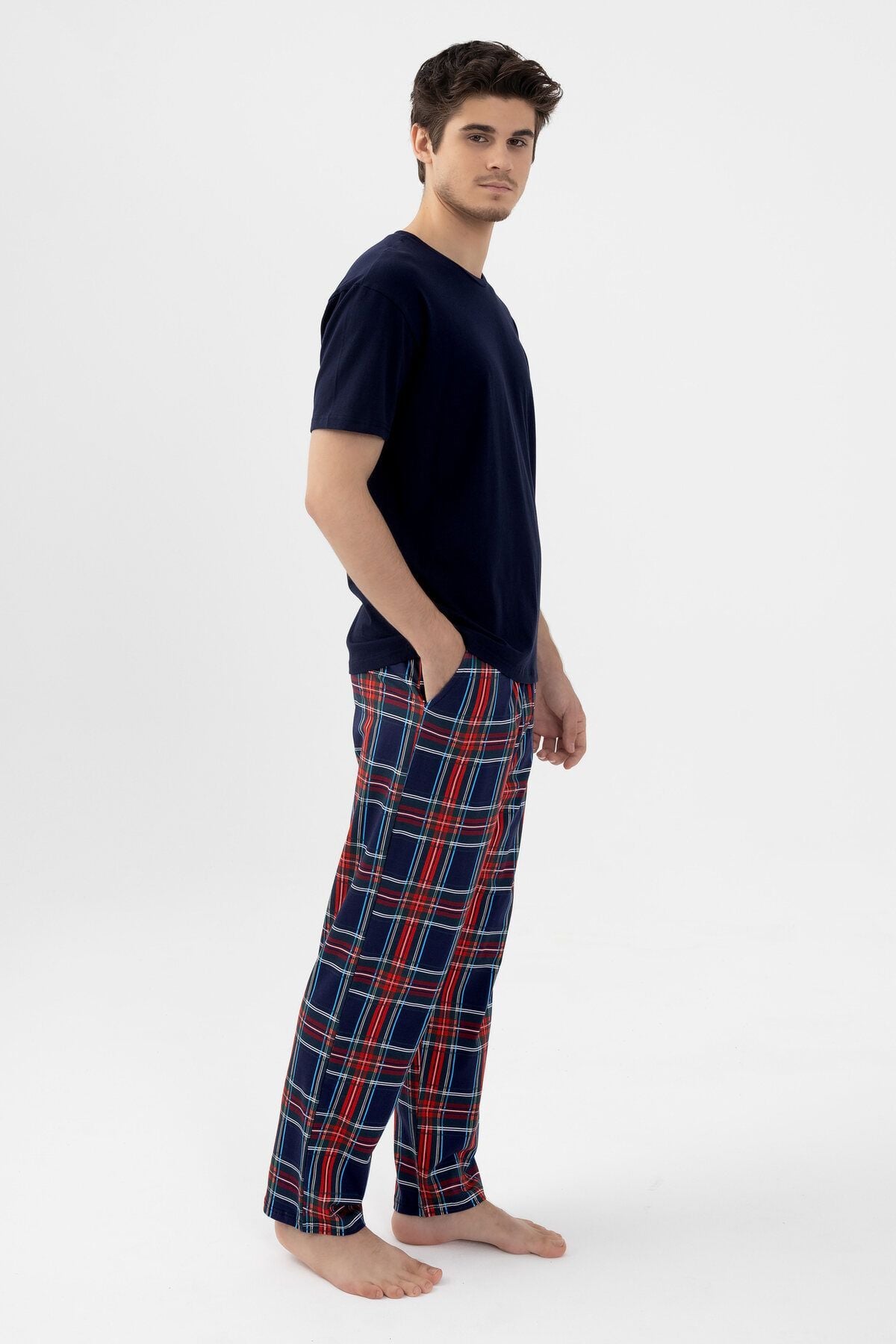 Erkek Kısa Kollu Pamuklu Ekose Desenli Pijama Takımı KO60103 Ekose Desen - S