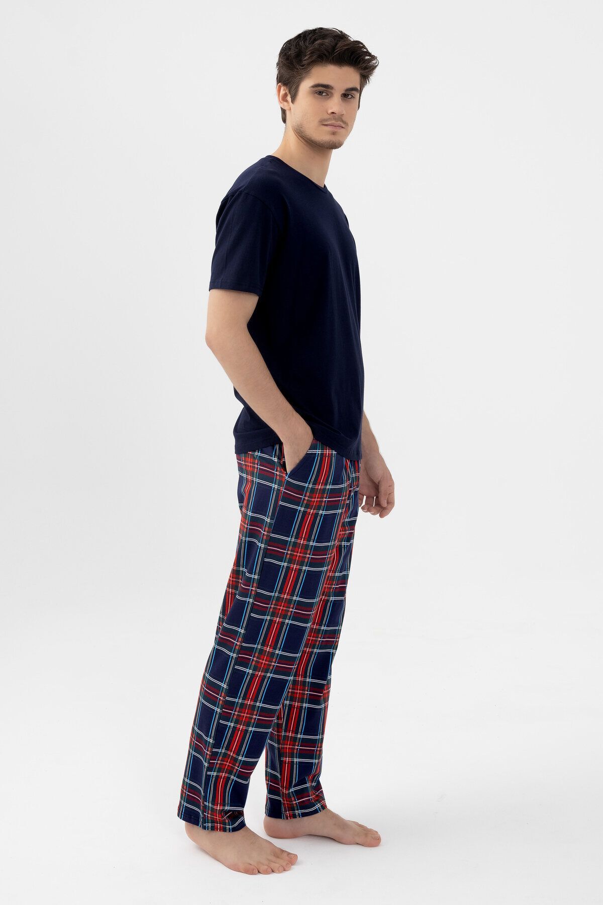 Erkek Kısa Kollu Pamuklu Ekose Desenli Pijama Takımı KO60103 Ekose Desen - XL