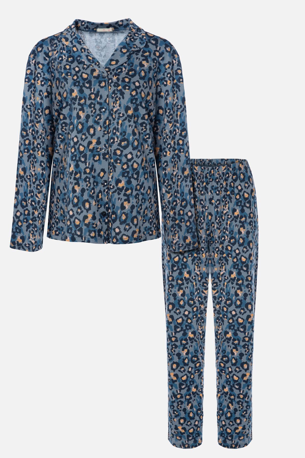 Kadın Mavi Leopar Desenli Düğmeli Pamuklu Gömlek Yaka Uzun Kollu pijama takımı Çok Renkli - 2XL