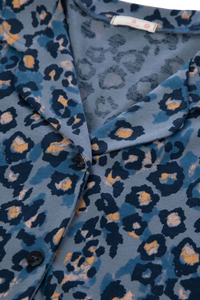 Kadın Mavi Leopar Desenli Düğmeli Pamuklu Gömlek Yaka Uzun Kollu pijama takımı Çok Renkli - 2XL