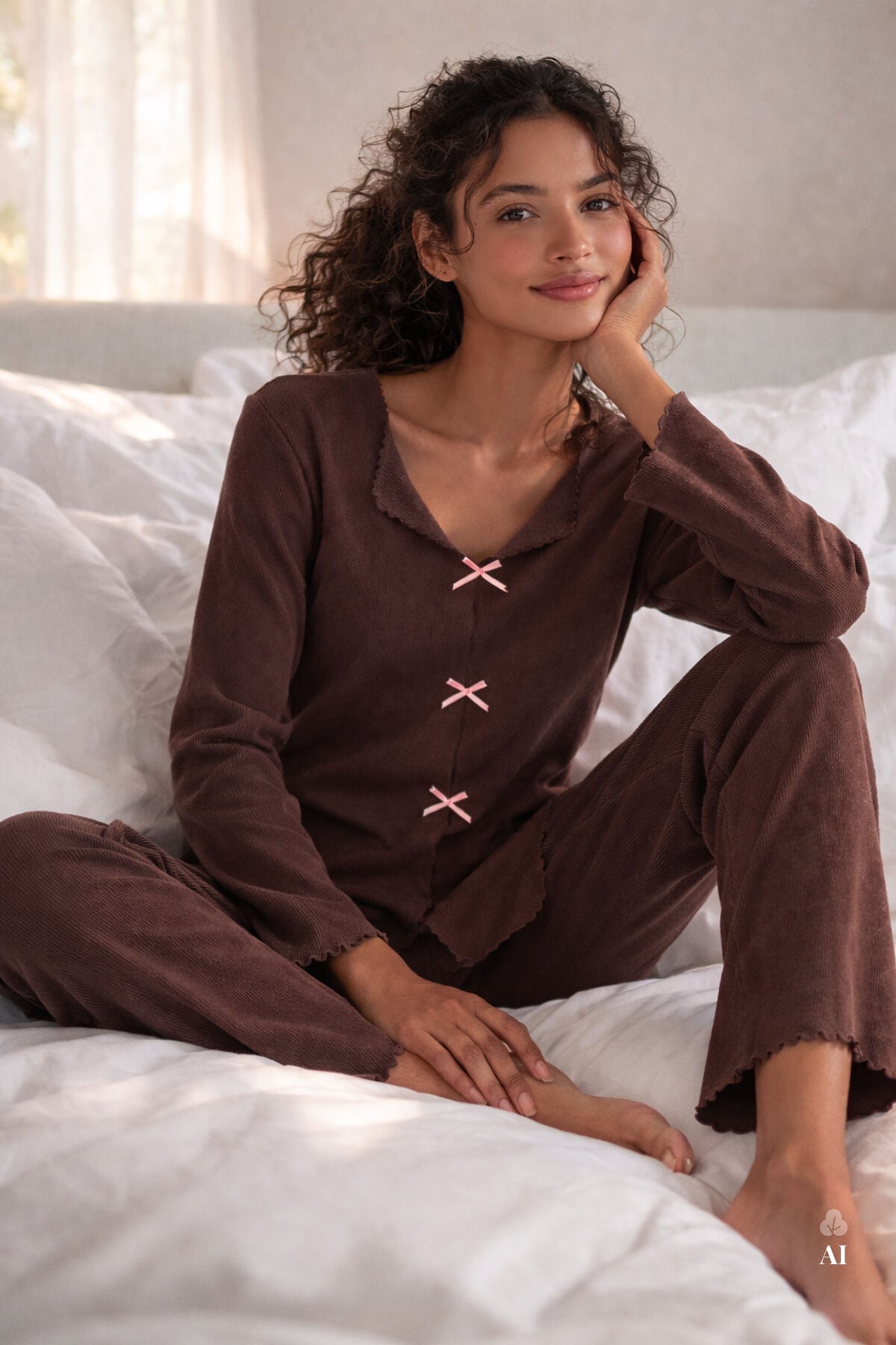 Kadın Pamuklu Çıtır Çiçek Desenli Baby Overloklu Fiyonk Detaylı Uzun Kollu Pijama Takımı Koyukahve - M