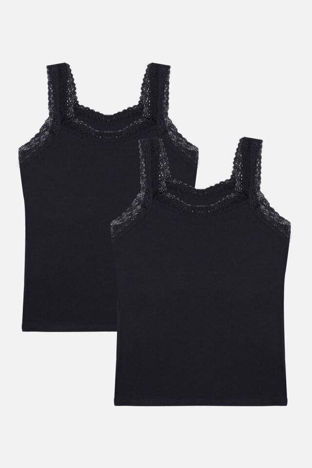 Kadın 2'li Dantel Askılı Atlet Sıyah - 2XL