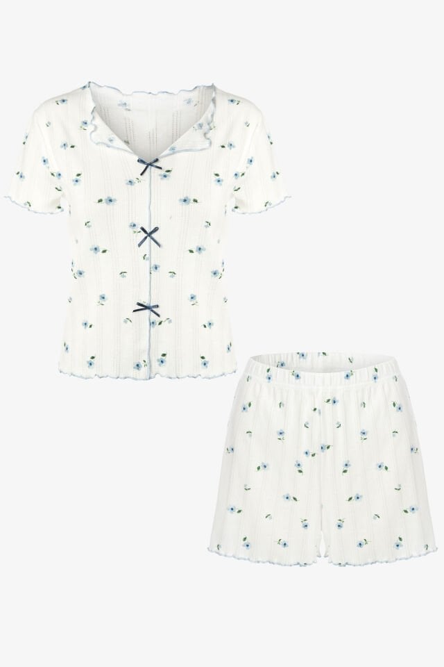 Kadın Çiçek Desenli Fiyonklu Kaşkorse Kısa Kollu Şort Takım XL - Mavi