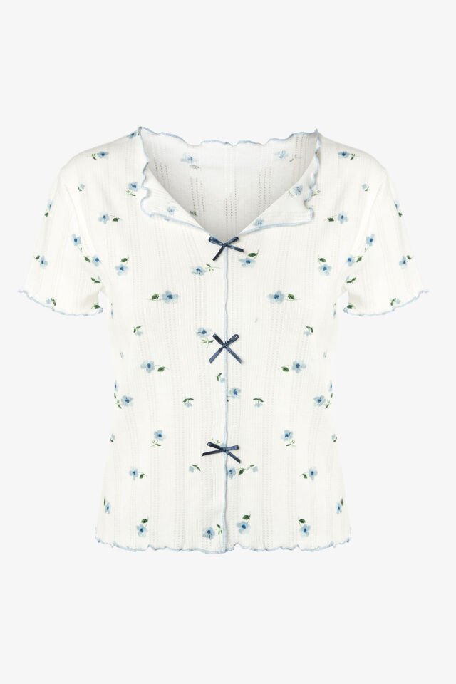 Kadın Çiçek Desenli Fiyonklu Kaşkorse Kısa Kollu Şort Takım XL - Mavi