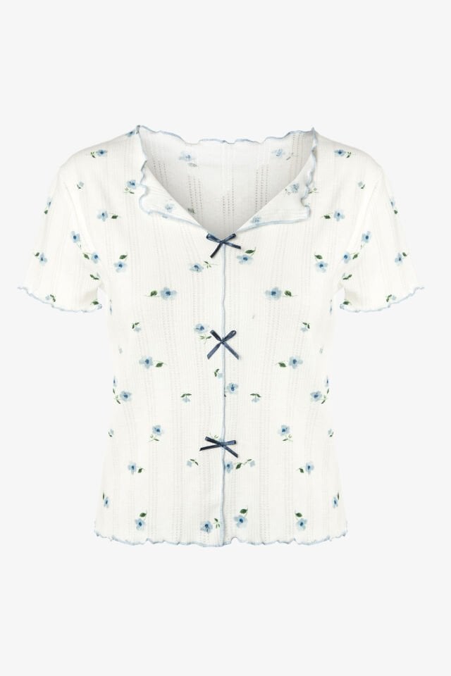 Kadın Çiçek Desenli Fiyonklu Kaşkorse Kısa Kollu Şort Takım XL - Mavi