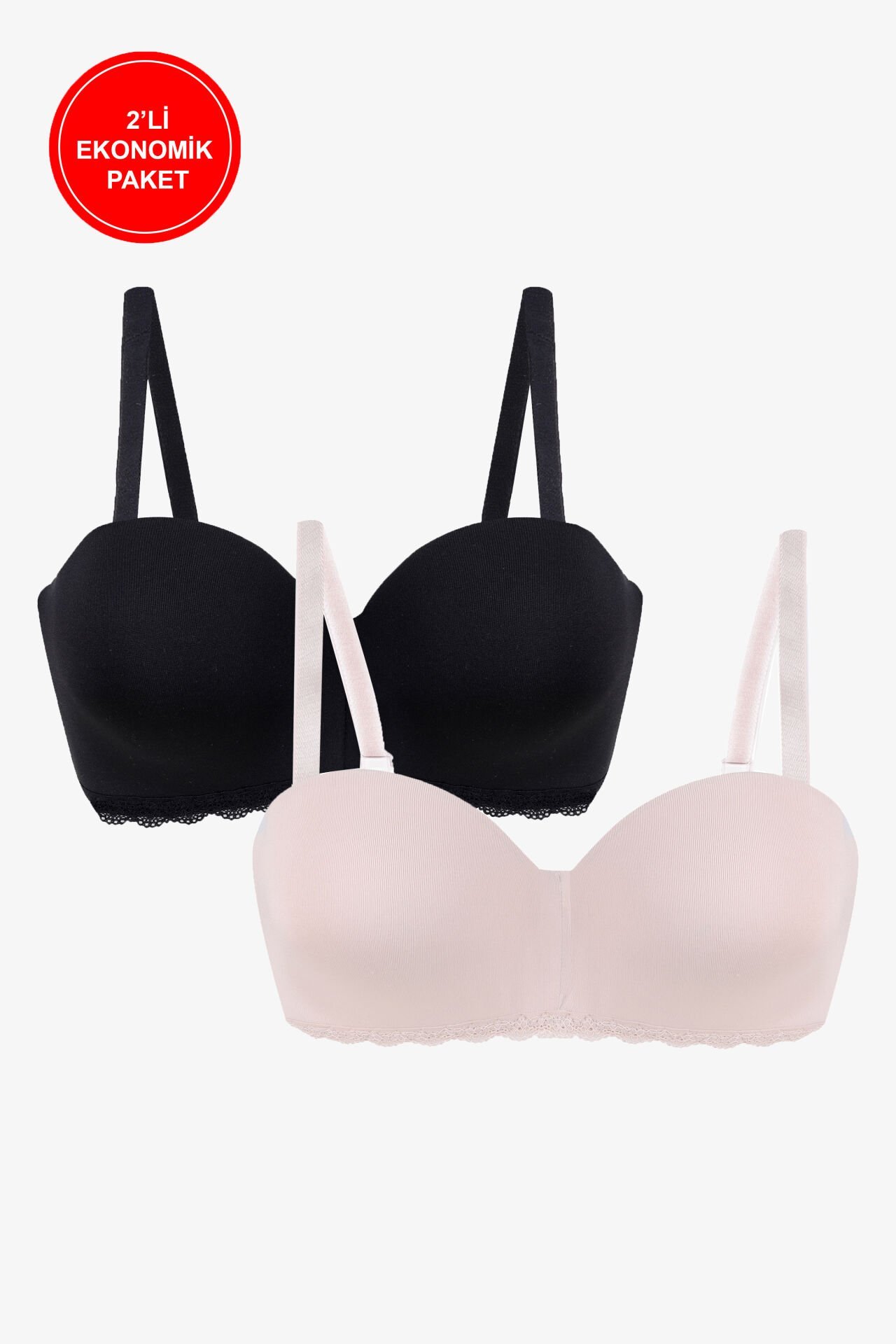 2'Lİ PAKET - Kadın Dolgusuz Mikro Straplez Sütyen 85B - Siyah-Ten